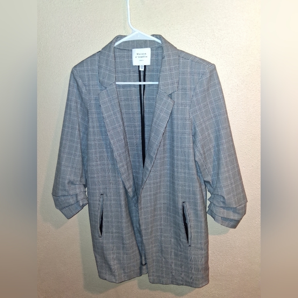 Maison d'Amelie Oversized Blazer M Plaid Ruched Sleeve Preppy Academia